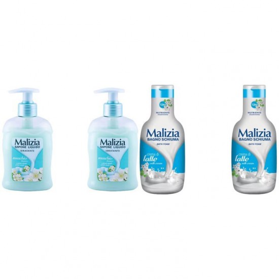Pachet Promo: 2x Sapun Lichid Malizia  Muschio Bianco 300 Ml + 2x Spumant De Baie Malizia Milk Cream 1l