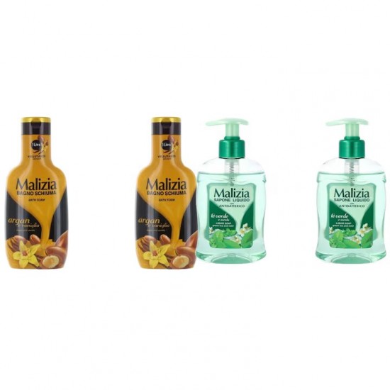Pachet Promo: 2x Sapun Lichid Malizia Ceai Verde Si Menta 300 Ml + 2x Spumant De Baie Malizia  Cu Ulei De Argan Si Vanilie 1l