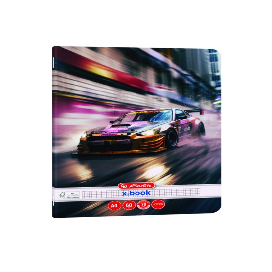 Caiet A4 60 File, Hartie 70g/mp Fsc Mix, Patratele, Colturi Rotunjite, Motiv Race Cars