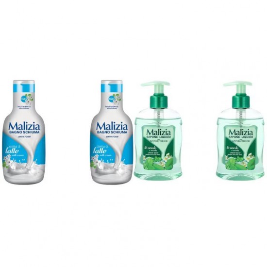 Pachet Promo: 2x Sapun Lichid Malizia Ceai Verde Si Menta 300 Ml + 2x Spumant De Baie Malizia Milk Cream 1l