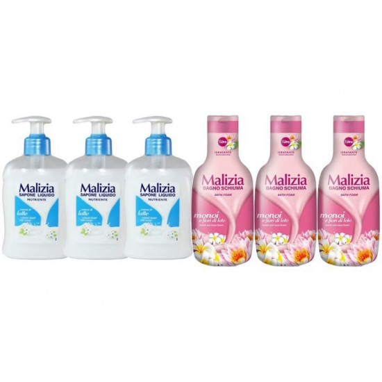 Pachet Promo: 3x Sapun Lichid Malizia Crema De Lapte 300 Ml + 3x Spumant De Baie Malizia Cu Fiori Di Lotto 1l