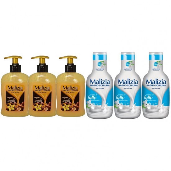 Pachet Promo: 3x Sapun Lichid Malizia Vanilie Si Argan 300 Ml + 3x Spumant De Baie Malizia Milk Cream 1l