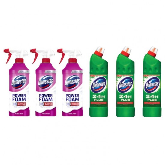 Pachet Promo: 3x Domestos Spray Spuma Baie Floral 435 Ml + 3x Domestos Pine 750 Ml