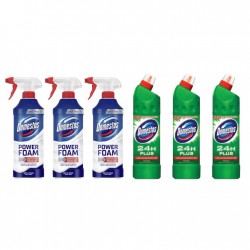 Pachet Promo: 3x Domestos Spray Spuma Baie Briza Marii 435 Ml + 3x Domestos Pine 750 Ml