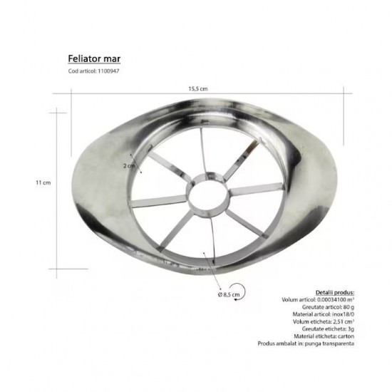 Feliator Manual Din Inox Pentru Mar, 8 Lame, Dimensiune 11 Cm