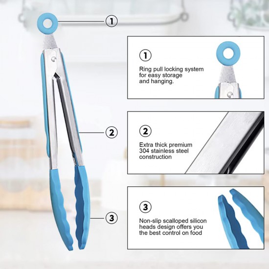 Cleste Servire Din Inox Si Silicon Cu Inel De Blocare Si Agatare, Dimensiune 30 Cm, Culoare Multicolora