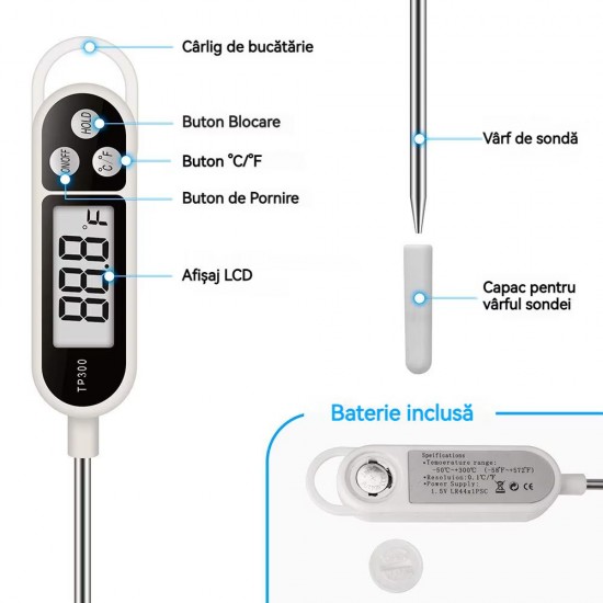 Termometru Pentru Friptura Cu Display Lcd, Dimensiune 24,5x2,5 Cm, Interval De Temperatura -50 -300°c