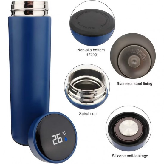Termos Smart Cu Display Led Din Inox, 500 Ml, Dimensiune 6.5×6.5×23 Cm, Culoare Albastru