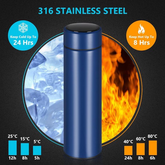 Termos Smart Cu Display Led Din Inox, 500 Ml, Dimensiune 6.5×6.5×23 Cm, Culoare Albastru