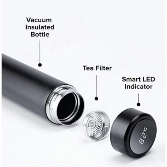 Termos Smart Cu Display Led Din Inox, 500 Ml, Dimensiune 6.5×6.5×23 Cm, Culoare Negru