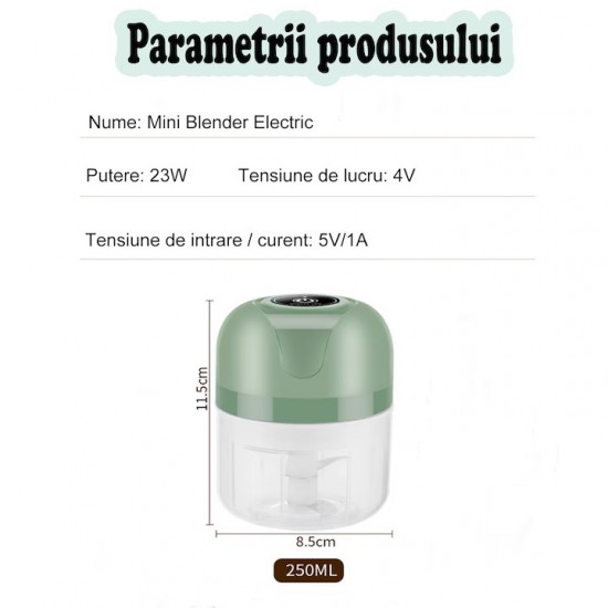 Mini Tocator Electric 250 Ml, Incarcare Usb, 3 Lame Din Inox, Pentru Usturoi, Fructe, Legume, Culoare Multicolora