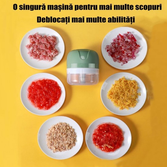 Mini Tocator Electric 250 Ml, Incarcare Usb, 3 Lame Din Inox, Pentru Usturoi, Fructe, Legume, Culoare Multicolora