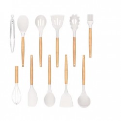 Set 12 Ustensile Din Silicon Termorezistent Si Maner Din Bambus, Culoare Alba