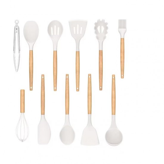 Set 12 Ustensile Din Silicon Termorezistent Si Maner Din Bambus, Culoare Alba