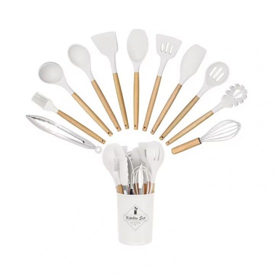 Set 12 Ustensile Din Silicon Termorezistent Si Maner Din Bambus, Culoare Alba