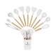 Set 12 Ustensile Din Silicon Termorezistent Si Maner Din Bambus, Culoare Alba