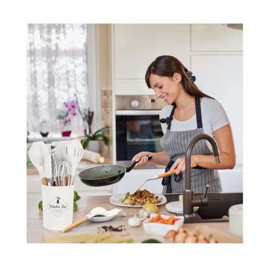 Set 12 Ustensile Din Silicon Termorezistent Si Maner Din Bambus, Culoare Alba