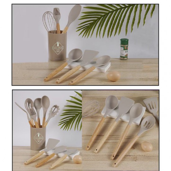 Set 12 Ustensile Din Silicon Termorezistent Si Maner Din Bambus, Culoare Gri Deschis