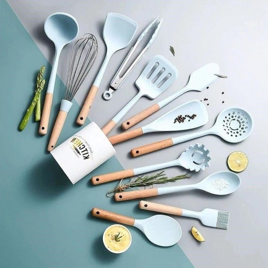Set 12 Ustensile Din Silicon Termorezistent Si Maner Din Bambus, Culoare Gri Deschis