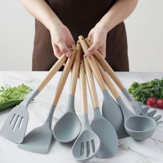 Set 12 Ustensile Din Silicon Termorezistent Si Maner Din Bambus, Culoare Gri Inchis