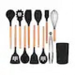 Set 12 Ustensile Din Silicon Termorezistent Si Maner Din Bambus, Culoare Neagra