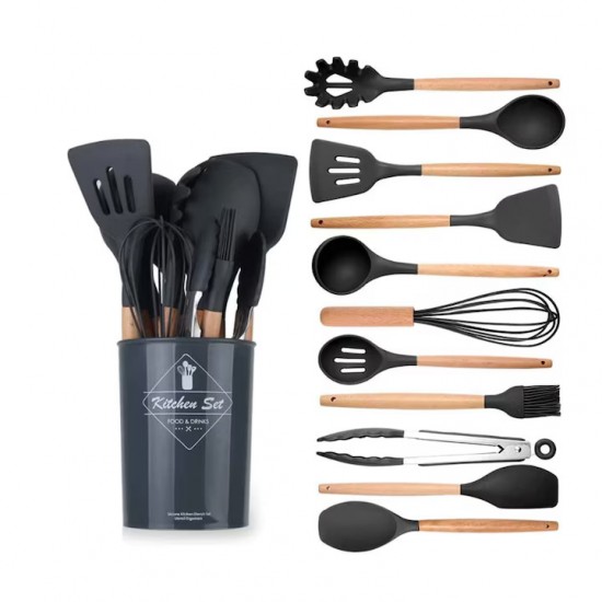 Set 12 Ustensile Din Silicon Termorezistent Si Maner Din Bambus, Culoare Neagra