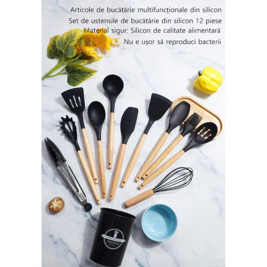 Set 12 Ustensile Din Silicon Termorezistent Si Maner Din Bambus, Culoare Roz