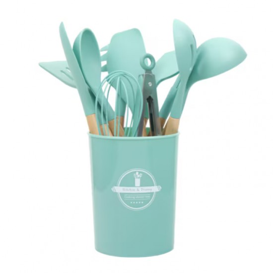 Set 12 Ustensile Din Silicon Termorezistent Si Maner Din Bambus, Culoare Turcoaz