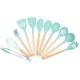 Set 12 Ustensile Din Silicon Termorezistent Si Maner Din Bambus, Culoare Turcoaz
