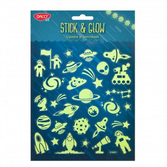 Abtibilduri DACO Lipeste si Lumineaza, Model Cosmos, Galben Fosforescent, 30 Buc/Set, Abtibilde Galaxie, Autocolante Fosforescente, Stickere Decorative, Stickere pentru Copii, Abtibilduri Copii, Abtibilduri pentru Mobila, Autocolante Decorative