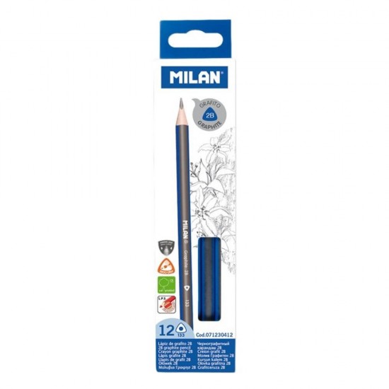 Set 12 Creioane Grafit MILAN, Mina 2B, Corp de Lemn Triunghiular, Creioane 2B, Creioane Grafit 2B, Creioane 2B MILAN, Set Creioane Grafit, Creion 2B Grafit, Creioane pentru Schite si Grafica, Creioane Desen Tehnic