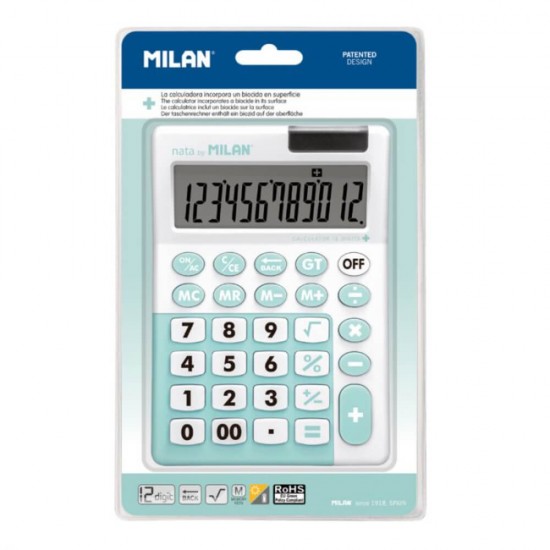 Calculator Milan, Desktop, Antibacterial, 12 Digits, Verde/Alb, Carcasa de Protectie, Multicolor, Calculator Stiintific, Calculatoare Stiintifice, Rechizite Scolare, Articole Birotica