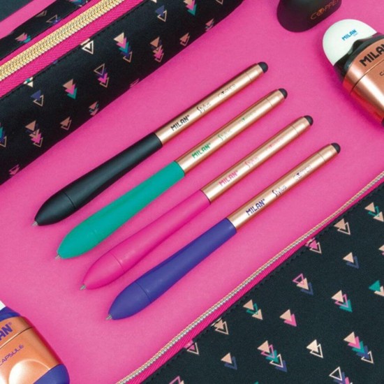 Pix MILAN Stylus Copper, Varf 1 mm, Scriere Albastra, pentru Ecrane Tactile, Corp Metalic/Cauciuc Verde, Pixuri Stylus Tactile, Pixuri pentru Ecrane Tactile Milan, Pixuri Scolare, Instrumente de Scris