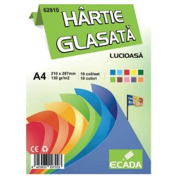 Hartie Glasata Lucioasa A4 Ecada, 10 Coli/Top, 130 g/mÂ², 10 Culori, Hartie Glasata, Hartie Glasata Lucioasa, Hartie Glasata Colorata, Hartie Glasata Culori Asortate, Hartie Glace, Hartie Glasata A4, Rechizite Scolare