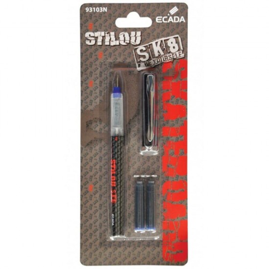 Stilou ECADA Model SK8, Material Plastic si 2 Patroane de Cerneala Incluse, Culoare Negru/Rosu, Stilou Scolar, Stilouri Scolare, Instrumente de Scris, Stilou ECADA, Stilou cu Patron