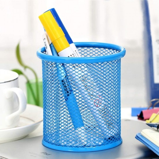 Suport Birou Cilindric ECADA, 9x10 cm, Plasa Metalica, Albastru, Suport pentru Pixuri, Suport pentru Pensule, Suport pentru Creioane, Suport pentru Markere, Suport Pixuri Birou, Organizator Pixuri, Suport Instrumente de Scris Birou