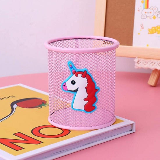 Suport Birou Cilindric ECADA, 9x10 cm, Plasa Metalica, Roz, Suport pentru Pixuri, Suport pentru Pensule, Suport pentru Creioane, Suport pentru Markere, Suport Pixuri Birou, Organizator Pixuri, Suport Instrumente de Scris Birou