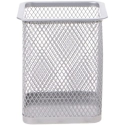 Suport Patrat Instrumente de Scris, Plasa Metalica, Dimensiune 8x8x10 cm, Culoare Argintiu, Suport pentru Pixuri, Suport pentru Pensule, Suport pentru Creioane, Suport pentru Markere, Suport Pixuri Birou, Organizator Pixuri,