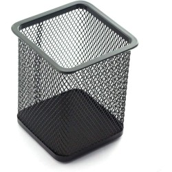 Suport Patrat Instrumente de Scris, Plasa Metalica, Dimensiune 8x8x10 cm, Culoare Negru, Suport pentru Pixuri, Suport pentru Pensule, Suport pentru Creioane, Suport pentru Markere, Suport Pixuri Birou, Organizator Pixuri, Suport Instrumente de Scris Birou
