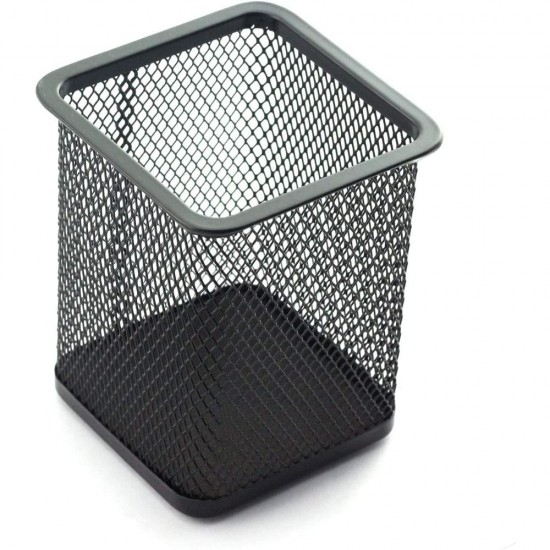 Suport Patrat Instrumente de Scris, Plasa Metalica, Dimensiune 8x8x10 cm, Culoare Negru, Suport pentru Pixuri, Suport pentru Pensule, Suport pentru Creioane, Suport pentru Markere, Suport Pixuri Birou, Organizator Pixuri, Suport Instrumente de Scris Birou