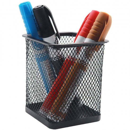 Suport Patrat Instrumente de Scris, Plasa Metalica, Dimensiune 8x8x10 cm, Culoare Negru, Suport pentru Pixuri, Suport pentru Pensule, Suport pentru Creioane, Suport pentru Markere, Suport Pixuri Birou, Organizator Pixuri, Suport Instrumente de Scris Birou