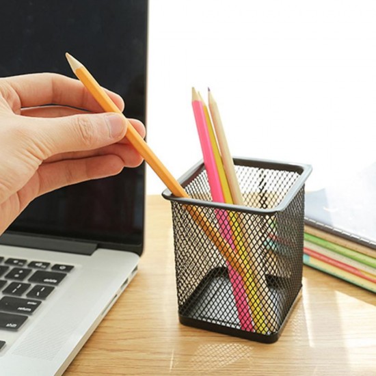 Suport Patrat Instrumente de Scris, Plasa Metalica, Dimensiune 8x8x10 cm, Culoare Negru, Suport pentru Pixuri, Suport pentru Pensule, Suport pentru Creioane, Suport pentru Markere, Suport Pixuri Birou, Organizator Pixuri, Suport Instrumente de Scris Birou