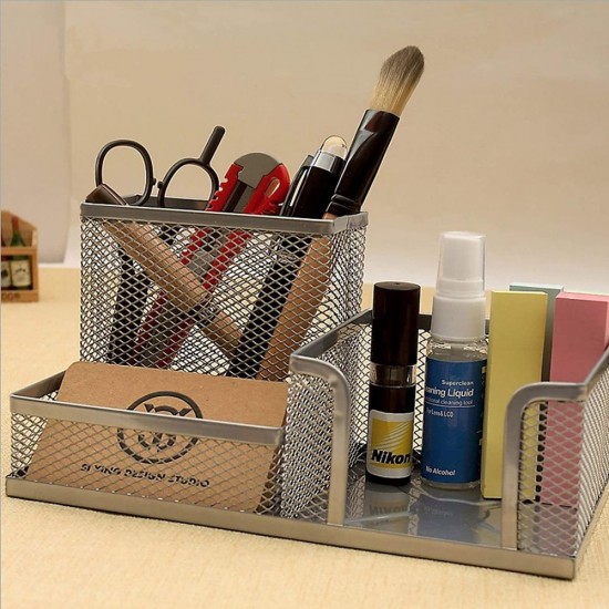 Suport Birou ECADA, 3 Compartimente, Plasa Metalica, Argintiu, Suport pentru Accesorii din Plasa Metalica, Accesorii Birou, Suport Accesorii de Scris, Organizator Metalic, Suport Instrumente de Scris Birou