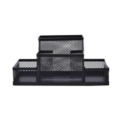 Suport Birou ECADA, 4 Compartimente, Plasa Metalica, Negru, Suport pentru Accesorii din Plasa Metalica, Accesorii Birou, Suport Accesorii de Scris, Organizator Metalic, Suport Instrumente de Scris Birou