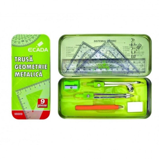 Trusa Geometrie din Metal ECADA, 9 Piese, Trusa Geometrie, Trusa Geometrie din Metal, Trusa Geometrie ECADA, Set Geometrie, Set Geometrie ECADA, Set Geometrie din Metal, Trusa Geometrie de Calitate