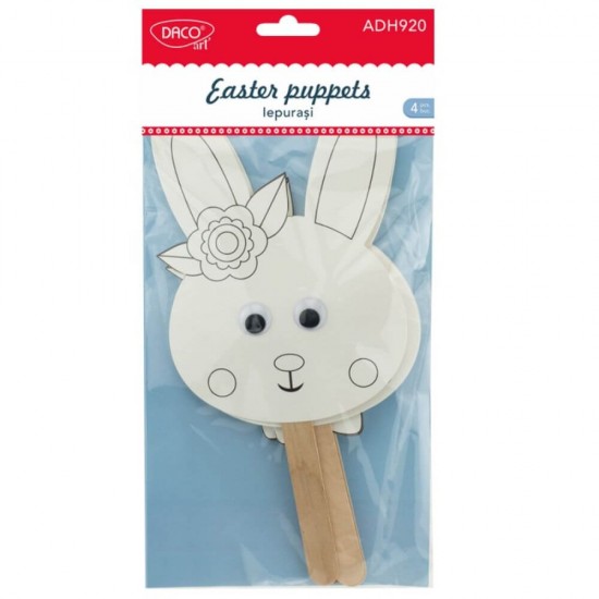 Iepurasi DACO din Hartie si Lemn, 4 Buc/Set, Alb, Accesorii Creatie, Accesorii Craft, Decoratiuni de Paste, Iepuras Hartie Predesenat, Iepuras Hartie si Lemn, Creatii pe Bat
