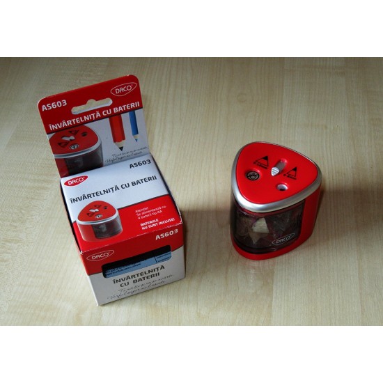 Ascutitoare Dubla Electrica Daco, cu Baterii si Container, pentru Creioane de 6/12 mm, Plastic, Rosie, Ascutitoare Electrica pentru Creioane, Ascutitoare cu Container, Ascutitoare cu Baterii, Ascutitoare de Creioane Electrica
