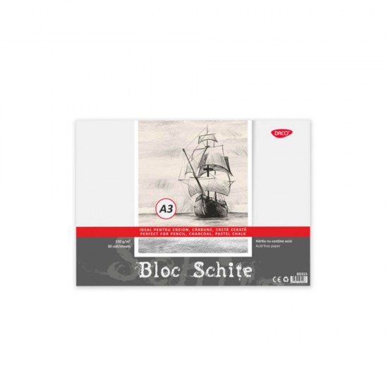 Bloc A3 pentru Schite Daco, 30 File, 150 g/mÂ², Hartie Alba, Mecanism Spiralat, Bloc Schite Daco, Bloc Schite A3, Bloc Schite, Bloc Schite Foi Albe, Bloc Schita Alba, Bloc de Desen, Materiale Arta