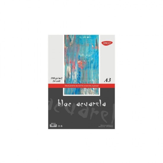 Bloc A3 pentru Desen Acuarela Daco, 24 File, 190 g/m², Bloc Hartie pentru Acuarele, Hartie Pentru Vopsele Acuarele, Bloc de Desen pentru Culori pe Baza de Apa, Bloc de Desen A3