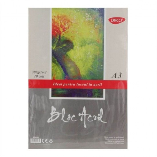 Bloc A3 pentru Desen Acril Daco, Textura Panza, 10 File, 300 g/m², Bloc Hartie Texturata Tip Panza, Hartie pentru Vopsele Acrilice, Bloc de Desen pentru Culori Acrilice, Bloc de Desen A3 Acrilic